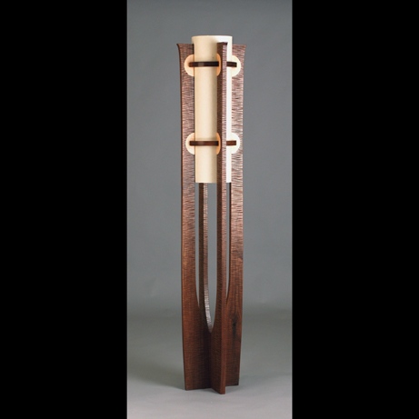 Hand carved walnut floor lamp with figured maple inlays handmade by Kyle Dallman