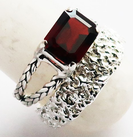Deep Red Garnet, Custom Sterling Silver Braid Ring