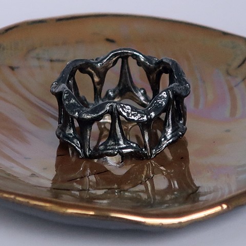 Ochre rainbow dish & blackened shark tooth pattern ring