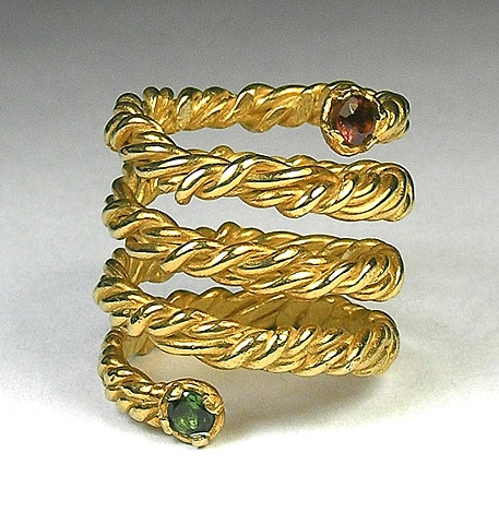 jeweled spring ring 14ky gold plated sterling silver, blue green tourmaline & red garnet