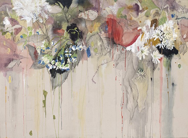 Large Abstract Painting of Falling Flowers, Raw Canvas