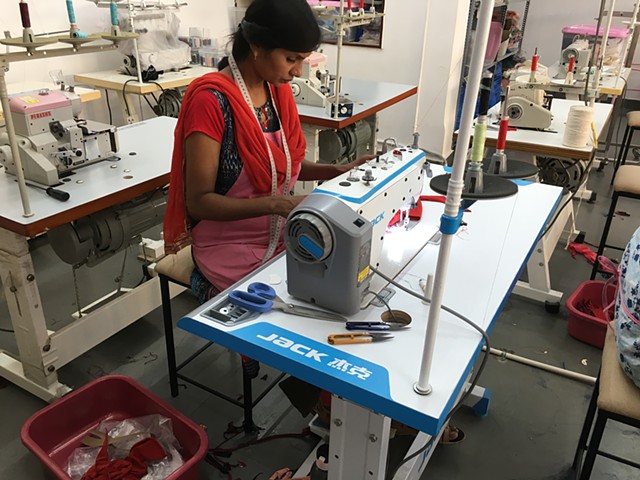 stitching in fair trade factory in India