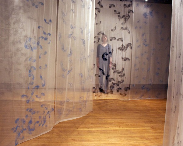  The space is filled with Screenprinted hair on silk, silk gauze creating a space of veiling,  unveiling and protecting.