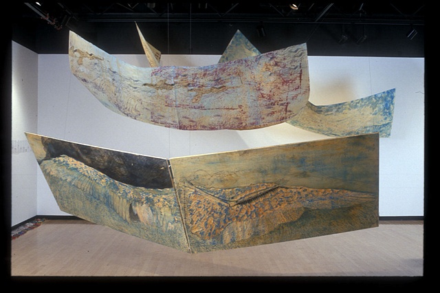 woodcut and screenprint, pelican wings,  scuptural installation  by jill Fitterer
