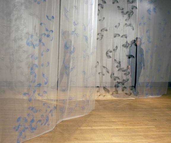  The space is filled with Screenprinted hair on silk, silk gauze creating a space of veiling,  unveiling and protecting.