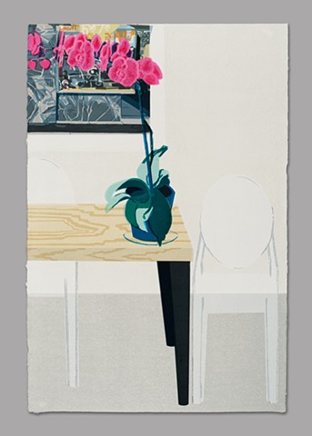 PRINT FAIR STILL LIFE WITH ORCHID, GHOST CHAIRS, AND ESTES PRINT