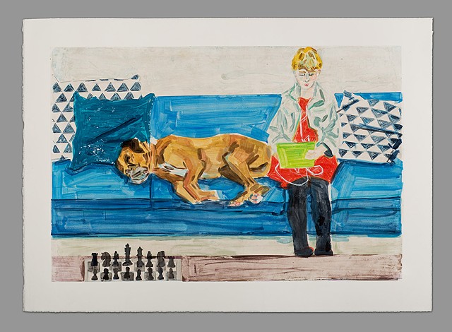 TEENAGER WITH DOG AND CHESS SET (ELIOT AND JACK)
