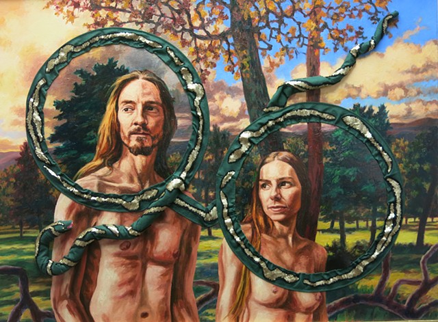 Adam and Eve with hand made snake in the Garden of Eden