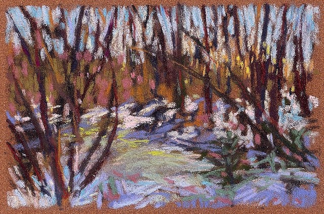Pastel landscape drawing woods winter