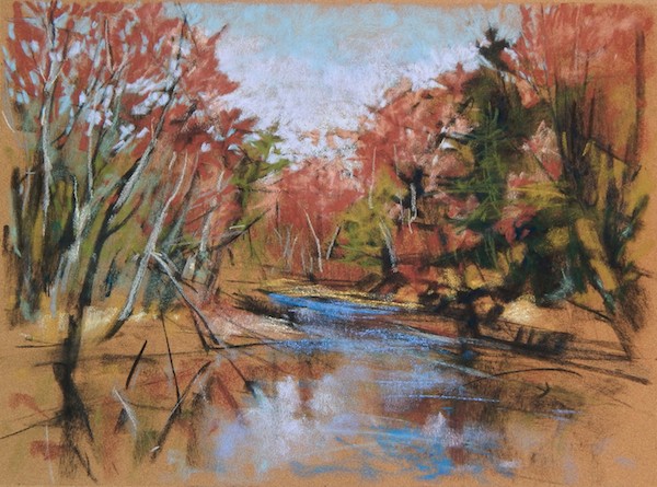Plein air spring river pastel drawing