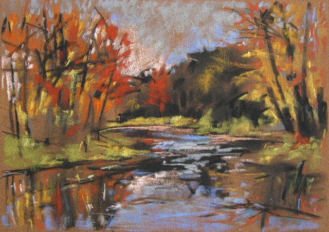 Autumn river drawing pastel and charcoal