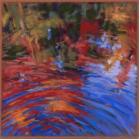 River reflection in fall, pastel drawing