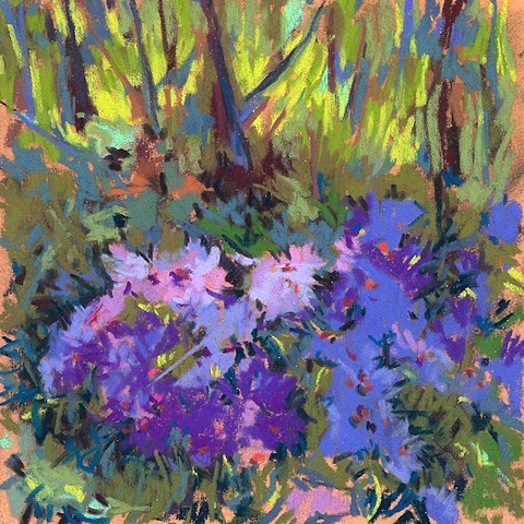 Pastel, purple flowers in green woods