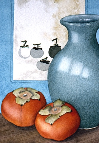 Persimmons with Blue Vase