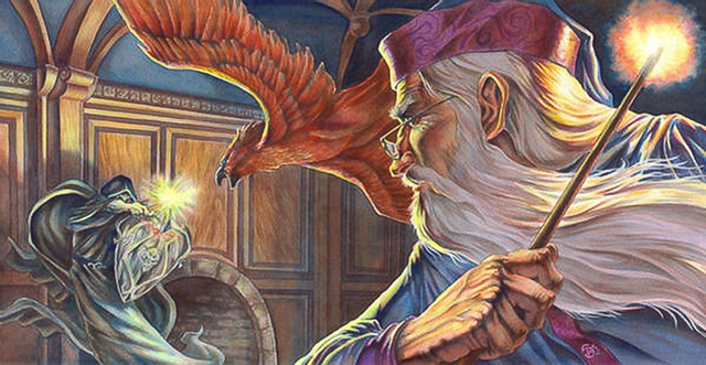 Dumbledore and Voldemort dueling from "Harry Potter" series of paintings by Stephen Andrade