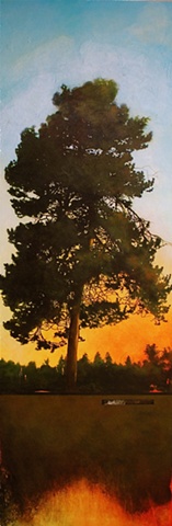 painting of a tree at sunset