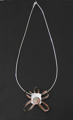 Kinetic copper, silver and brass necklace on a snake chain