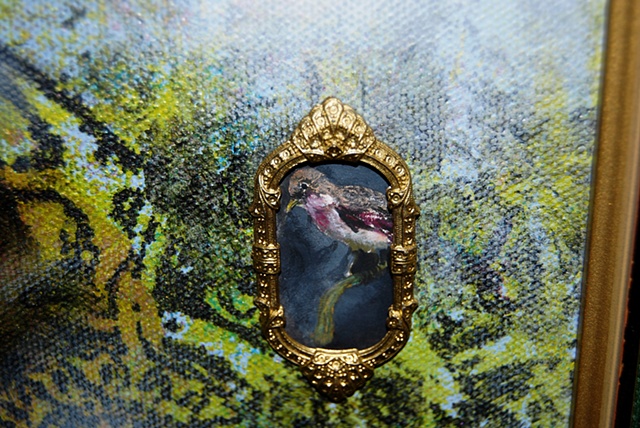 Miniature oil painting, antique gold frame, bird, screen printing by Jessica Schramm