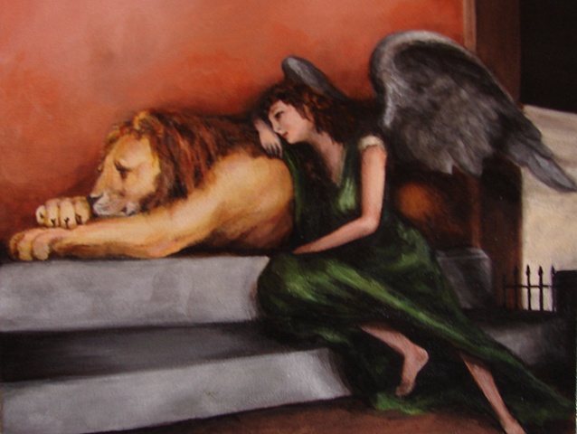 Acrylic Painting, muse, inspiration, melancholia, angel, lion by Jessica Schramm