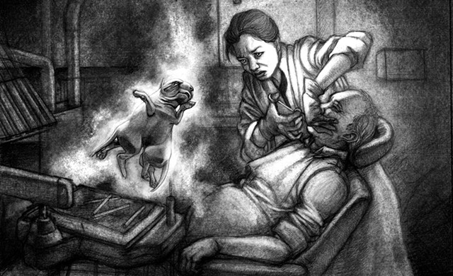 Marcus Howell, Marcus Howell art, pop surrealism, lowbrow, lowbrow art, drawing, graphite, photoshop, deformed dog, dentist