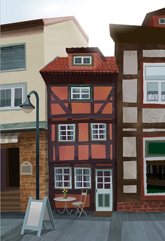 A tiny historic cafe between two more modern buildings in Northeim, Germany. 