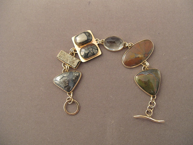 14kt gold, stones marcasite in agate, spectral pyrite, marcasite in agate, green amethyst, ammonite, Australian tiger iron
