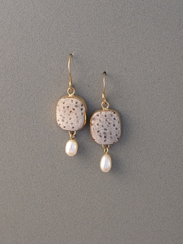 14kt Gold, Stones:  Fossil Palmwood, Chinese Fresh Water Pearl