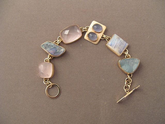 14kt gold, stones:  rose quartz, boulder opal, rose quartz, blue chalcedony, moonstones, smithsonite