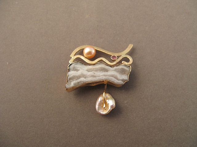 14kt Gold, Stones:  Fossil Stalactite, Peach Sapphire, Chinese Fresh Water Pearls