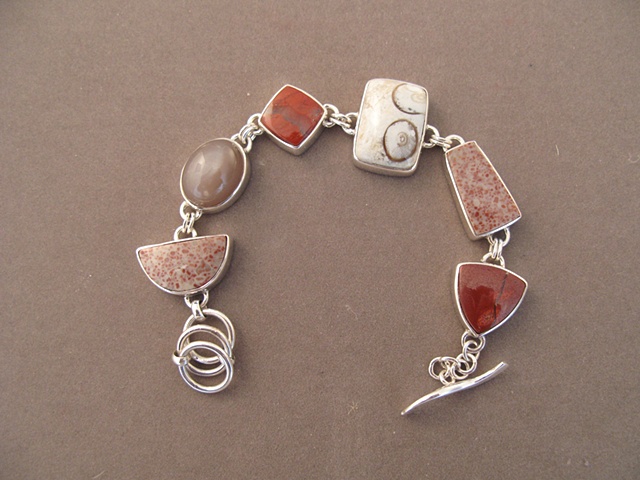 Sterling Silver, stones:  red spotted jasper, moonstone, red river jasper, petrified palmroot, red spotted jasper, red river jasper