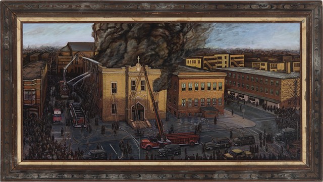 Historical Chicago disaster birds eye view landscape painting
