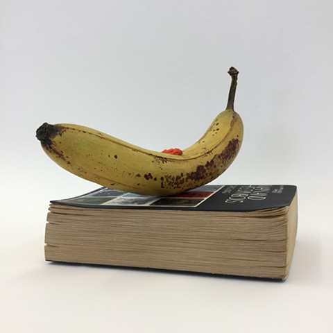 justin richel, simulacra, simulation, trickster, carved wood, carving, wood, gouache, banana, jung, carl jung, man and his symbols, used books, sign, symbol, signified, 
