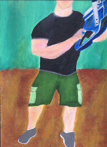 Acrylic painting of a man with a chainsaw by Christopher Stanton