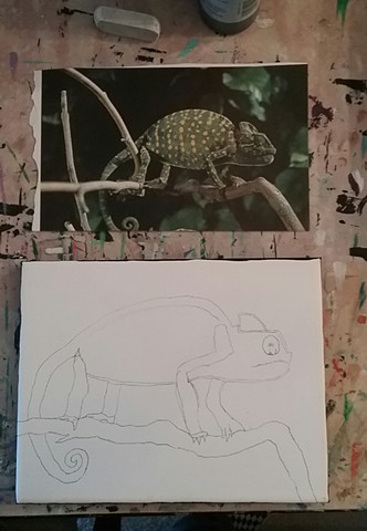 Acrylic painting of a chameleon in progress by Christopher Stanton