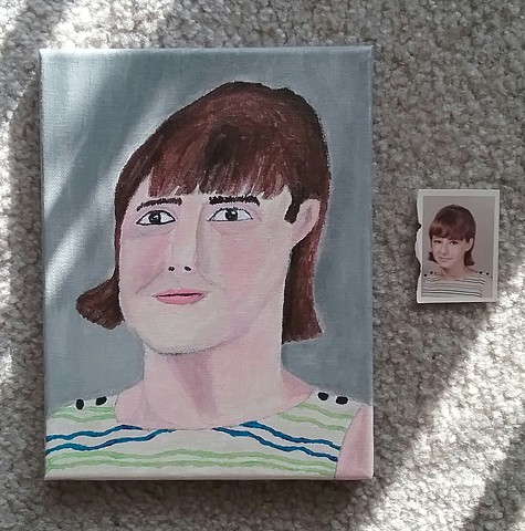 Acrylic painting by Christopher Stanton of a 1960s woman from a found photo