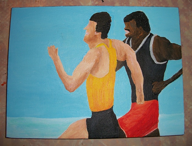 Acrylic painting of Rocky Balboa (Sylvester Stallone) and Apollo Creed (Carl Weathers) in a training moment from the film Rocky III by Christopher Stanton