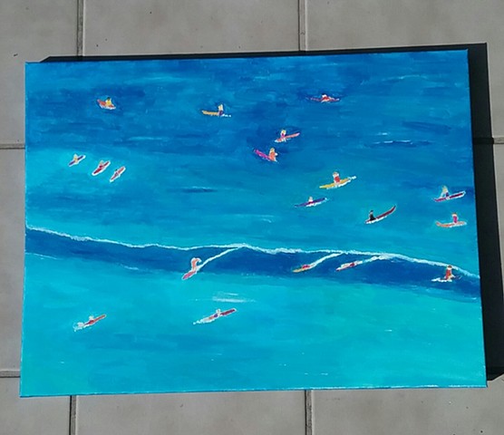 Acrylic painting of surfers in the lineup, waiting for waves by Christopher Stanton