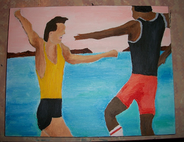 Painting of a triumphant training moment between Rocky Balboa (Sylvester Stallone) and Apollo Creed (Carl Weathers) from the film Rocky III by Christopher Stanton