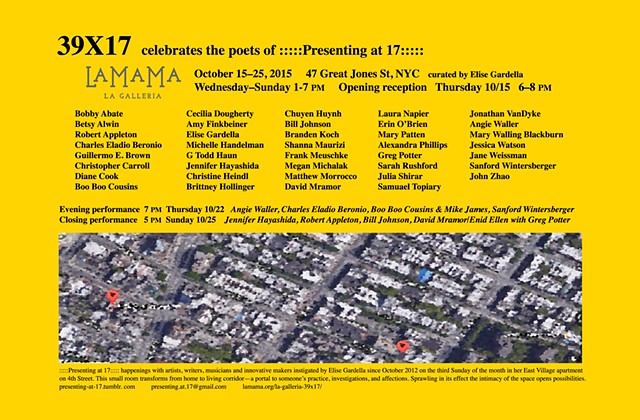 39X17                                                                    
:::::Presenting at 17::::: our 3 year anniversary celebration show at La MaMa

[card side 1]