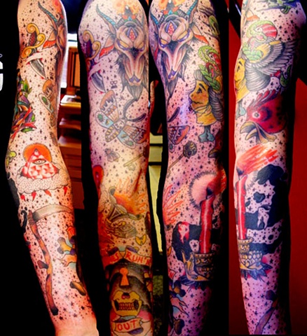 Tim's arm, various artists artwork, tattooed by myself
