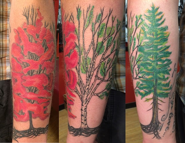 Trees around forearm, attached by roots.