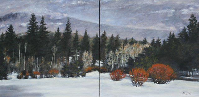 snow, winter, california, diptych, dusk, forest, Lake Tahoe, landscape, oil 