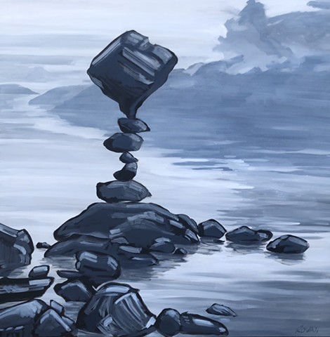 Zen art, balancing rocks, rock art, original oil on canvas, landscape