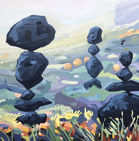 surreal, landscape, abstract, balancinig rocks, boulders, fields, flowers, zen, original oiil on canvas