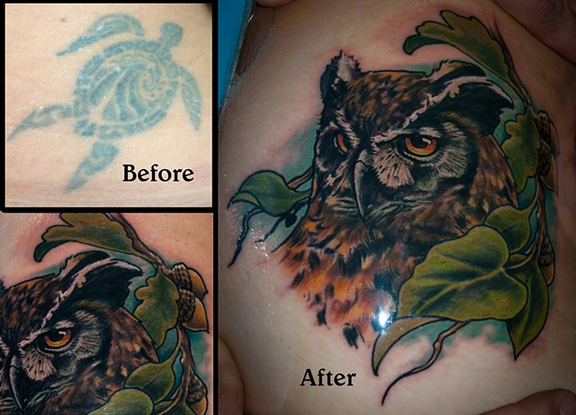 realistic owl tattoo cover up by chris lowe of naked art tattoos odenton maryland