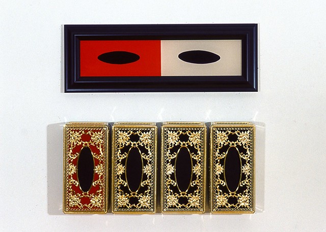 Jennifer McMackon, Rorschach Test Wall detail, arrangement of kleenex box covers with red and cream diptych 
