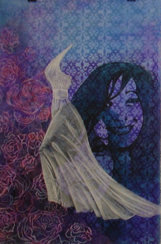 painting of ghostly wedding dress on blue and purple background