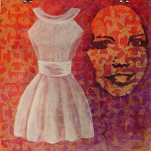 painting of Paxton, white casual wedding party dress on pink purple background