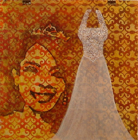 contemporary painting of  wedding dress on rusty reddish brown and yellow ochre, gold background