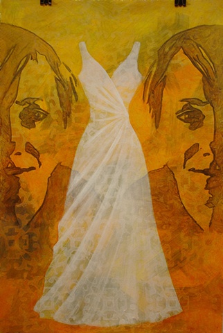 painting of Chelsea with formal wedding dress on yellow, gold, orange background